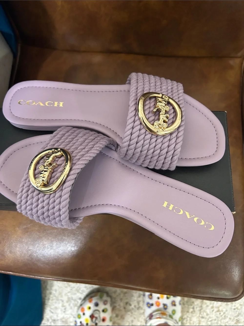 Coach Taupe Braided Slide Sandals with Gold Emblem lila